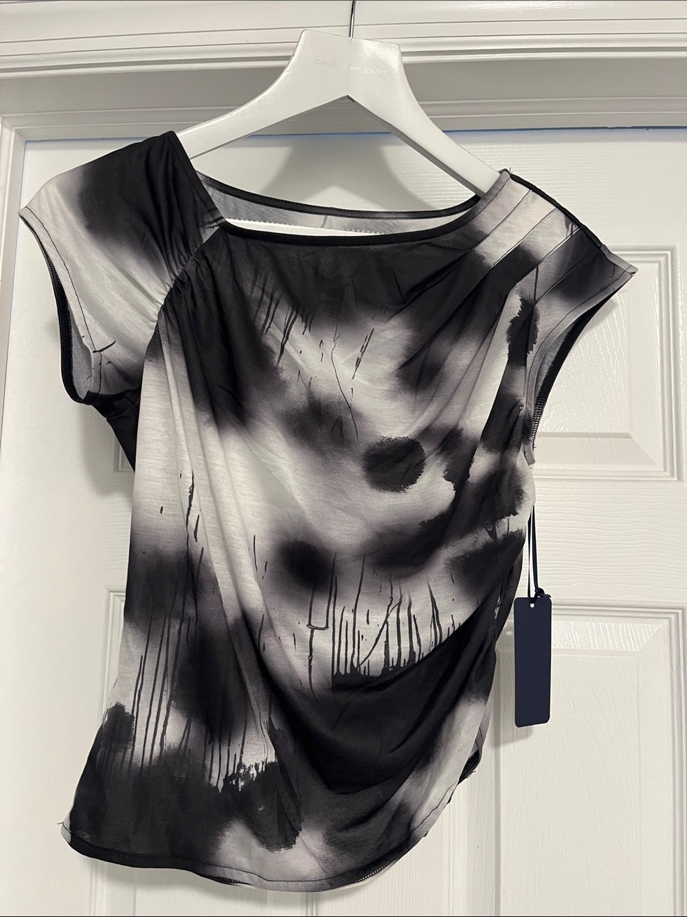 RACHEL Rachel Roy Black & White Watercolor Cap-Sleeve Top